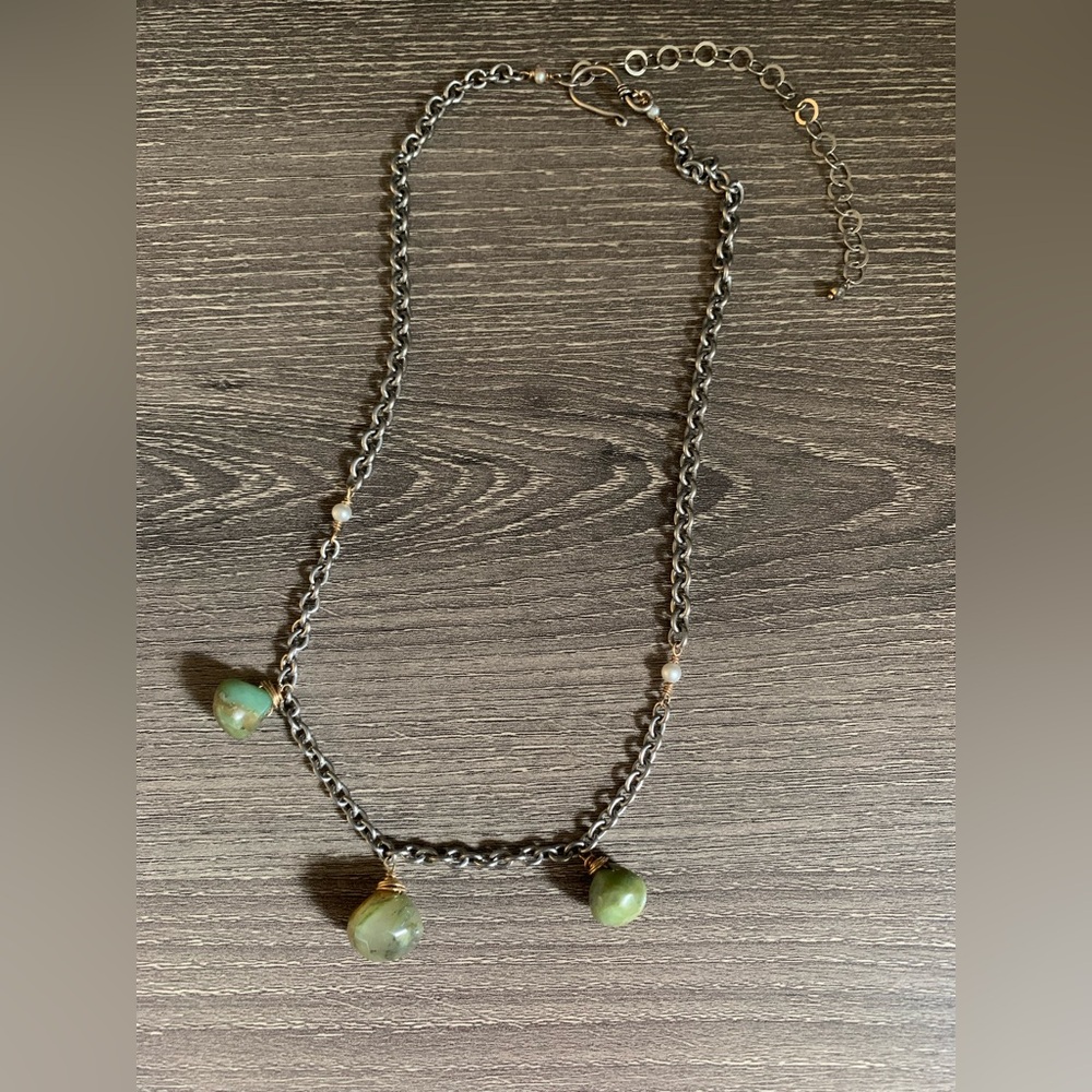 Handmade Silver Necklace Moss Agate Chrysophrase Pearl Chain Statement Necklace